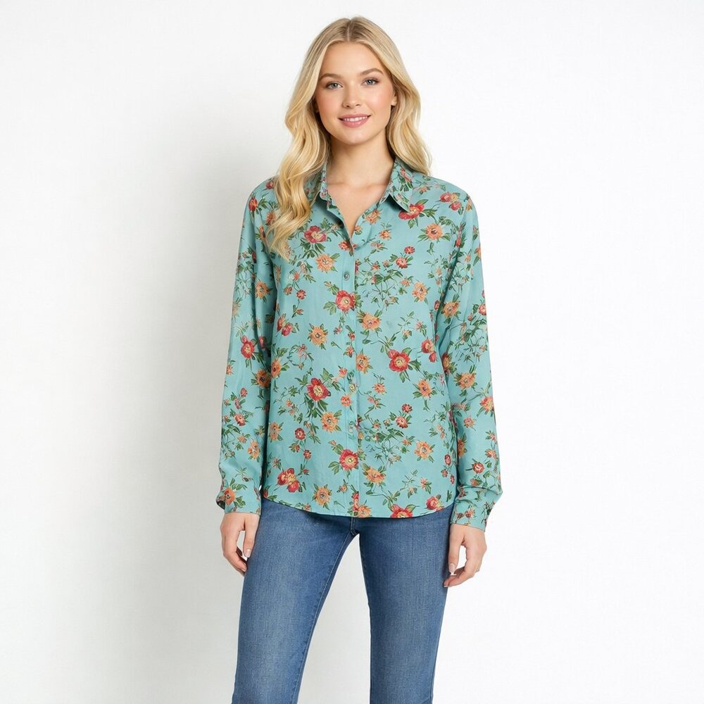 2/$30 Primark Floral Print Button Down Shirt Teal 10 #A1586